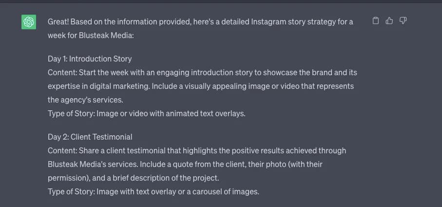 ChatGPT prompt for creating Instagram Story Ideas with Content